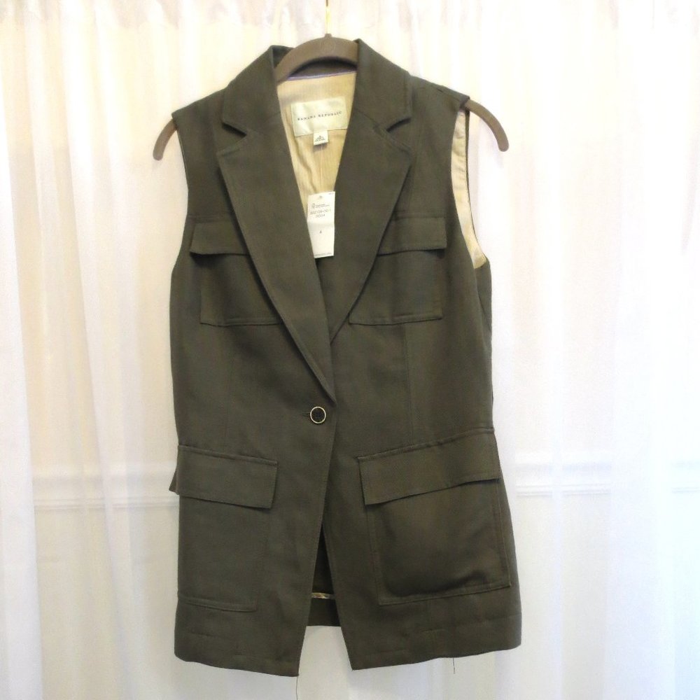 Banana Republic Olive Green Linen Safari Vest NWT size 4 - Picture 3 of 7